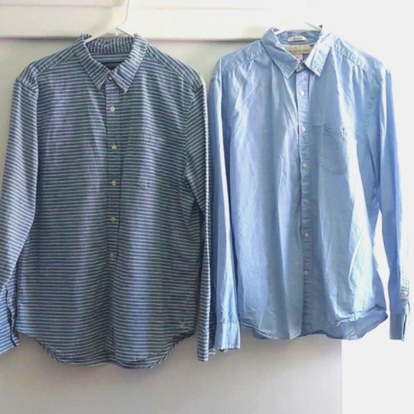 2 Casual Button Down Shirts Chambray blue striped & solid mens L Classic Casual - Picture 1 of 8